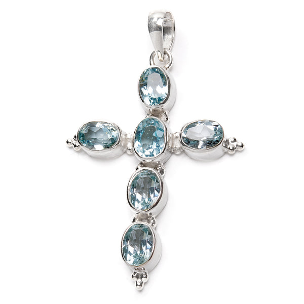 Blue topaz, cross with faceted stones