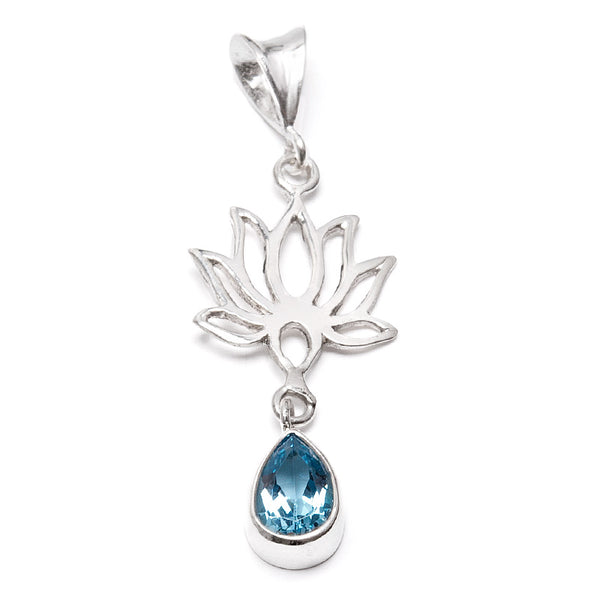 Blue topaz, silver pendant with lotus flower
