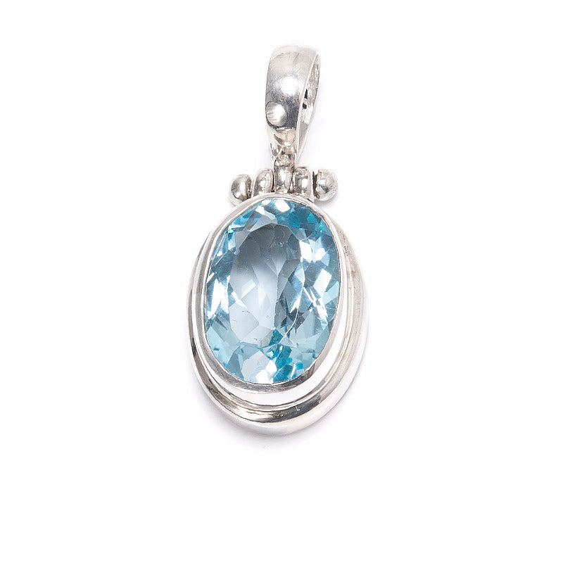 Blue topaz oval faceted pendant, smooth setting
