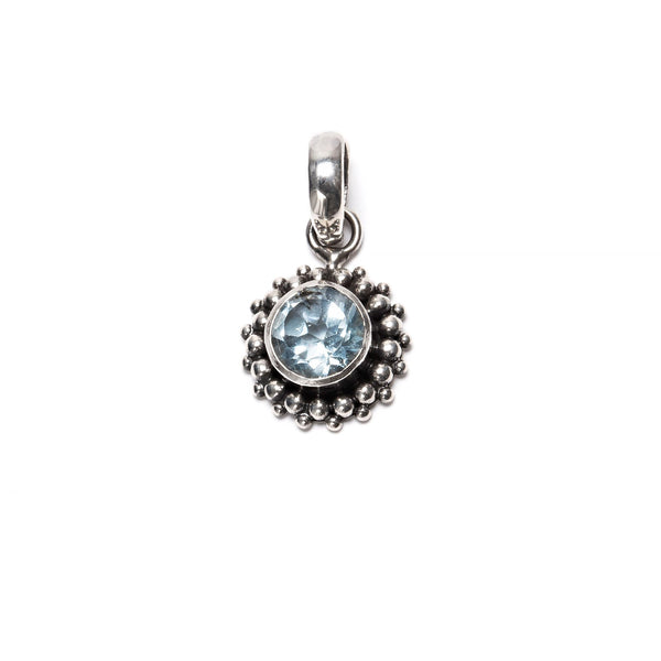 Blue topaz round faceted pendant, filigree