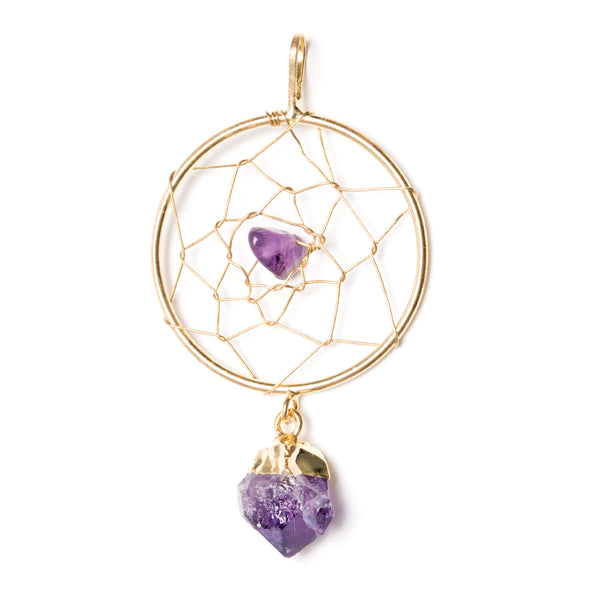 Amethyst, pendant in the form of a dream catcher, gold-plated