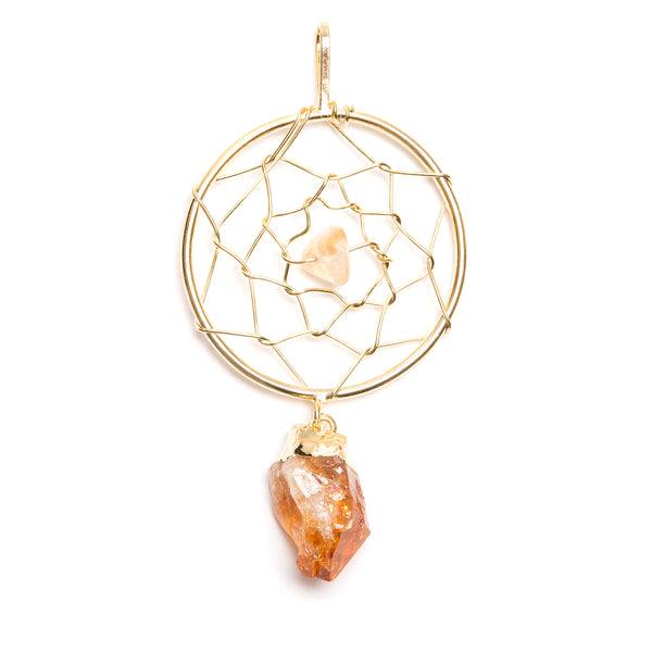Citrine, pendant in the form of a dream catcher, gold-plated
