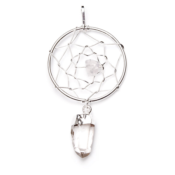 Rock crystal, pendant in the form of a dream catcher, silver-plated