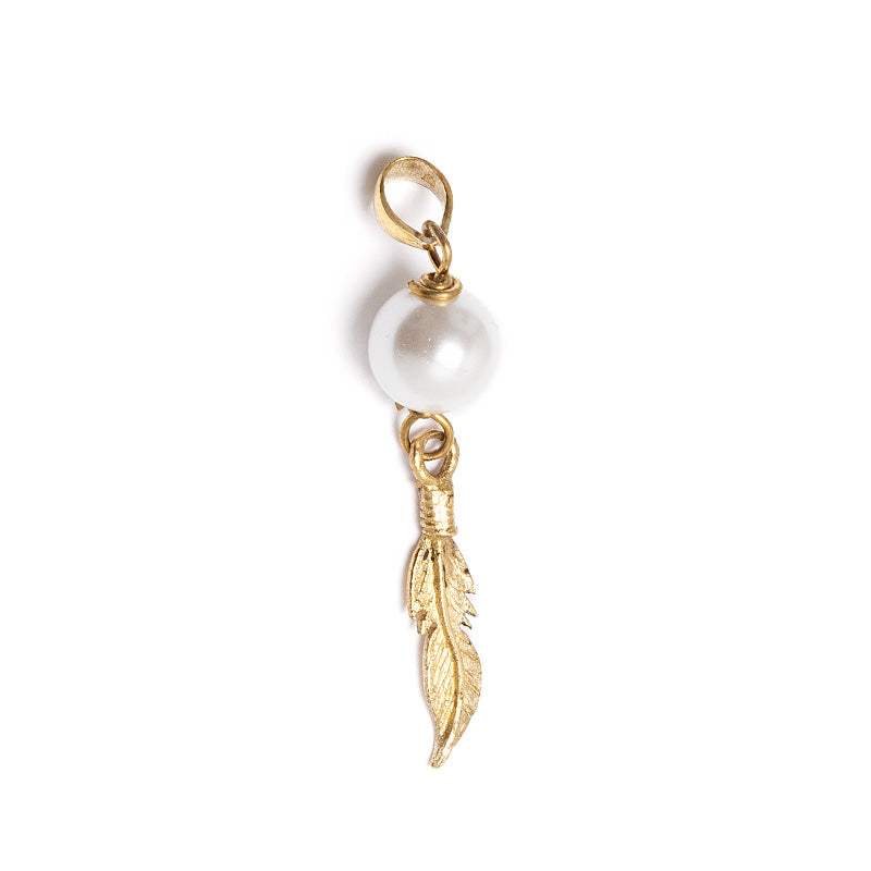 Freshwater pearl, brass feather pendant