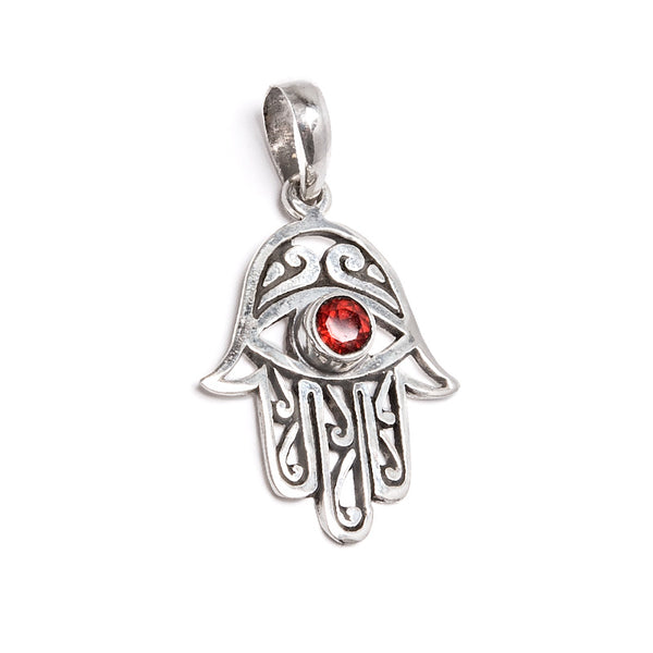 Hamsa hand, pendant in silver with garnet