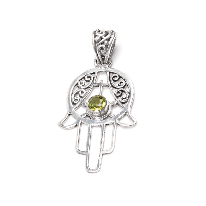 Hamsa hand, hänge i silver med peridot