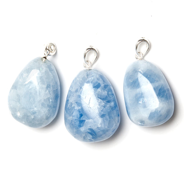Blue calcite, small tumbled pendant with silver mount