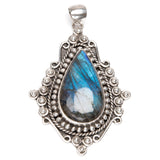 Labradorite, drop-shaped silver pendant with filigree edge