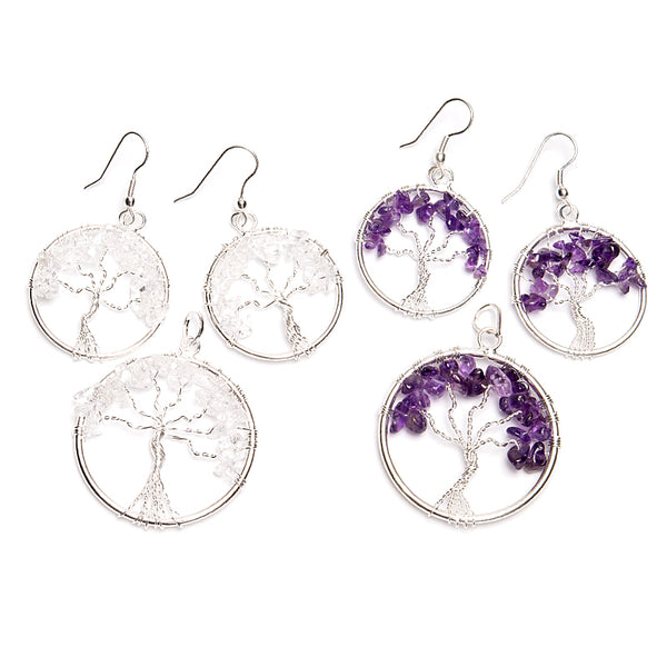 Amethyst or rock crystal pendant or earring with the tree of life silver plated