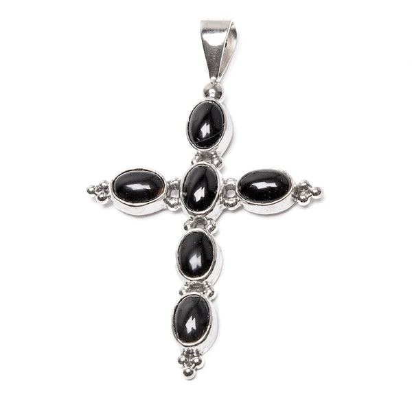 Apache tear, silver cross pendant