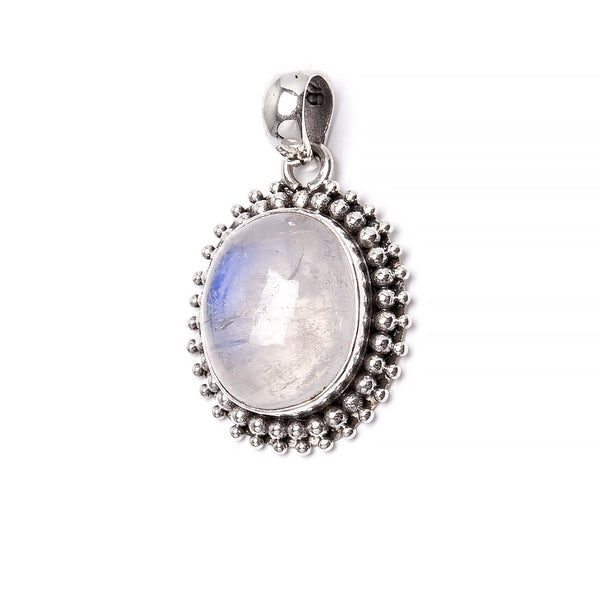 Rainbow moonstone, oval pendant with silver filigree