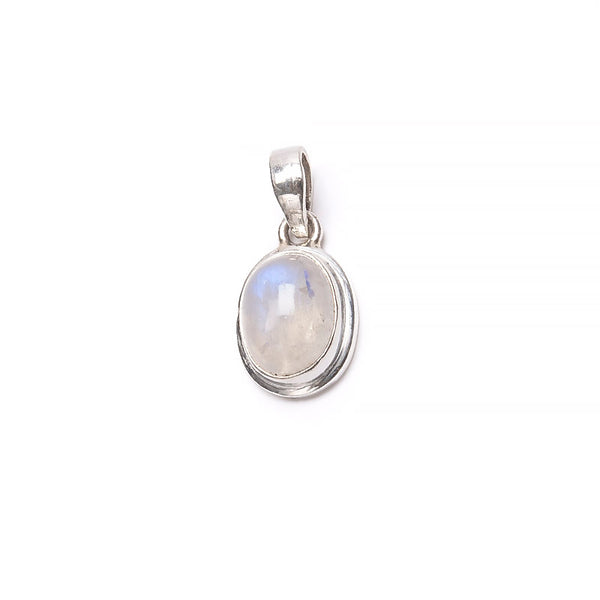 Rainbow moonstone, small oval pendant in plain silver