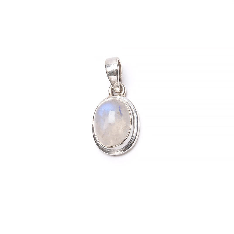 Rainbow moonstone, small oval pendant in plain silver