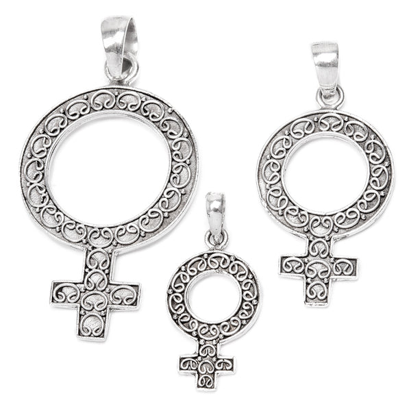 Venus, female symbol in silver pendant with filigree
