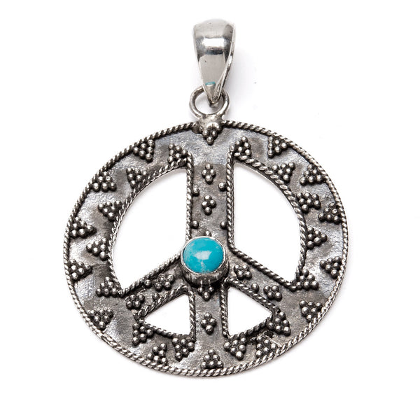 Turquoise, silver pendant with peace sign