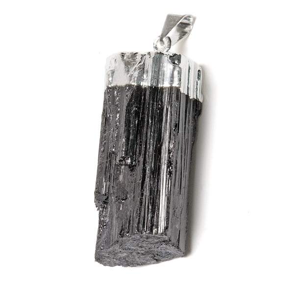 Tourmaline, black raw in silver plated pendant