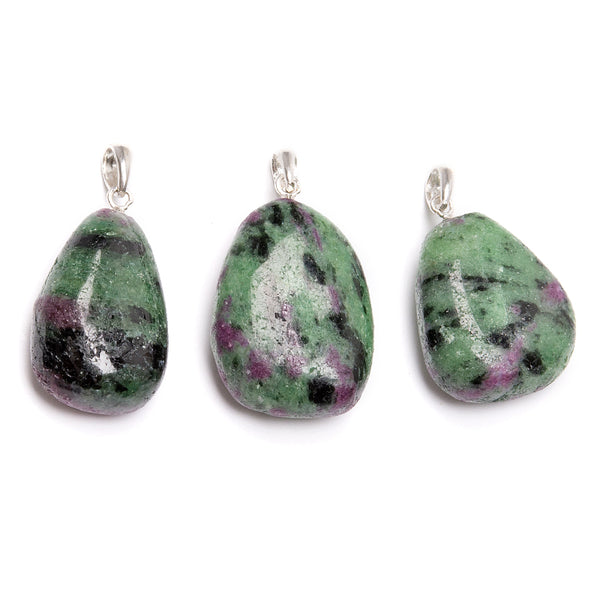 Zoisite with ruby, tumbled pendant with silver mount