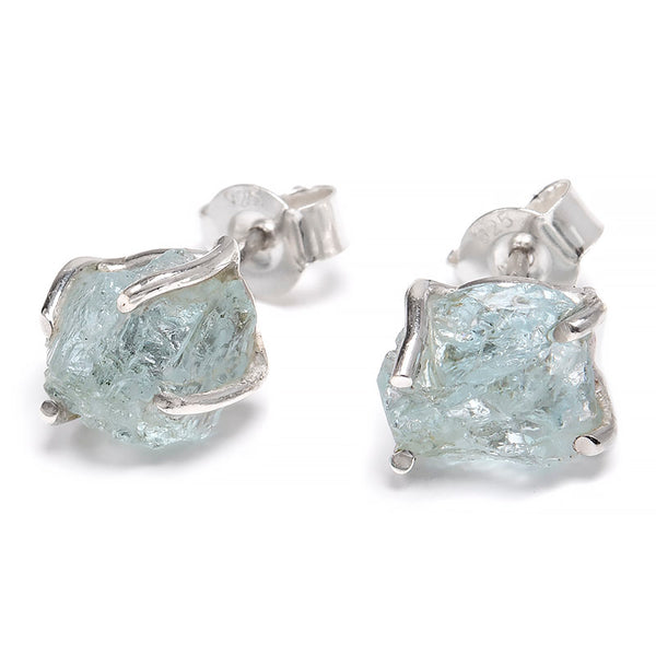Aquamarine, raw silver stud earrings