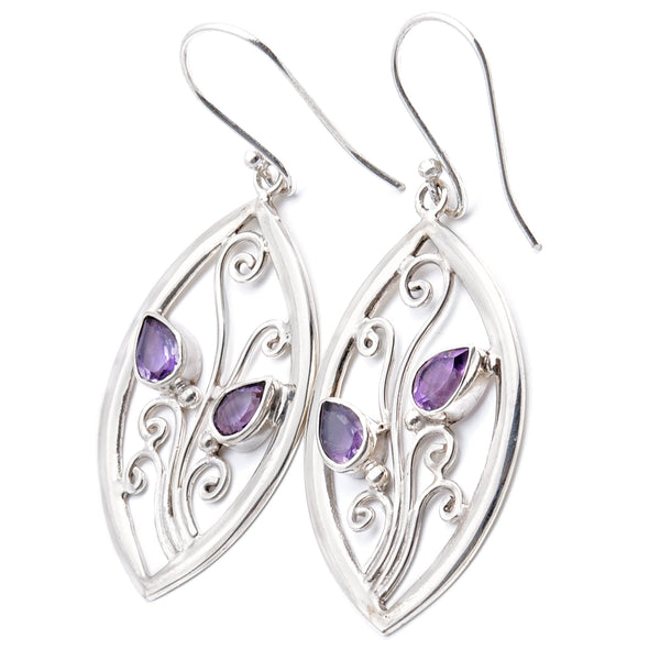 Amethyst, earrings in silver with two faceted stones