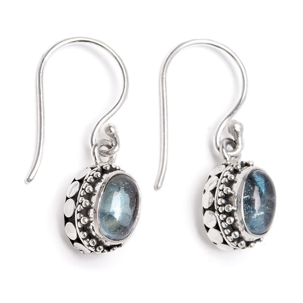 Blue topaz, earrings with filigree on silver hook