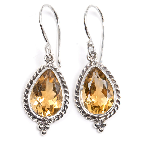 Citrine, drop in silver earring with filigree