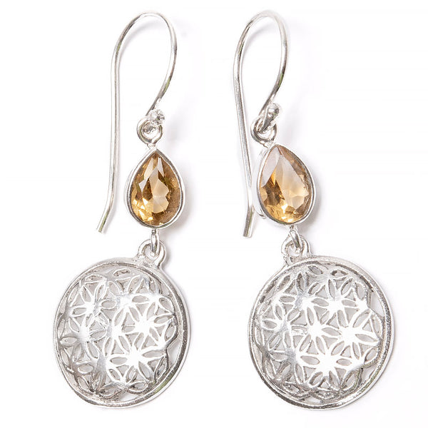 Citrine, earring with Flower of Life in silver