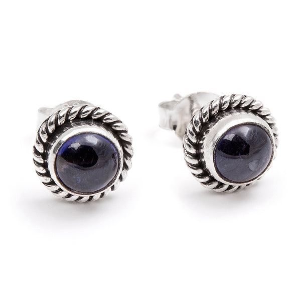 Iolite, stud earring silver with twisted filigree edge