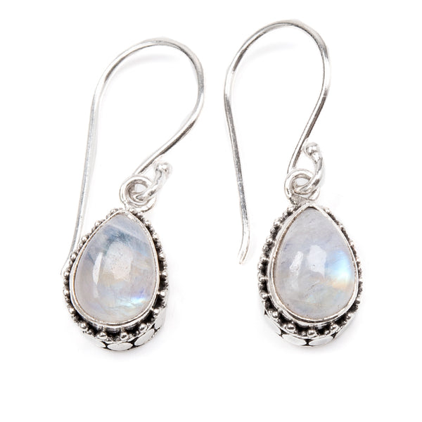 Rainbow moonstone, drop-shaped earrings in filigree
