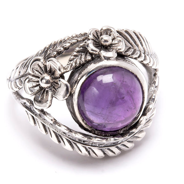 Amethyst, silver ring with feather/leaf