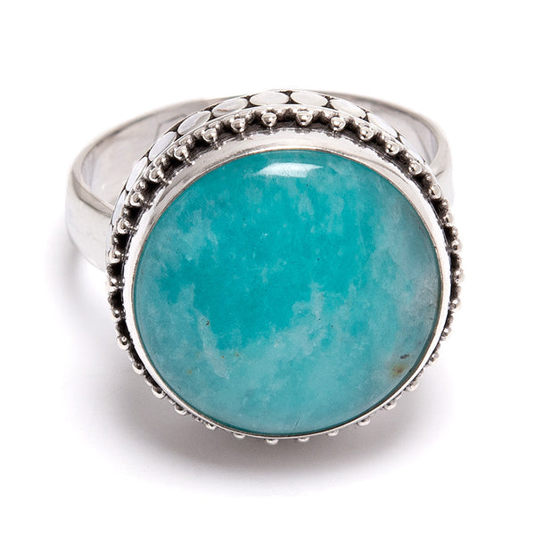 Amazonite, ring in silver with filigree border