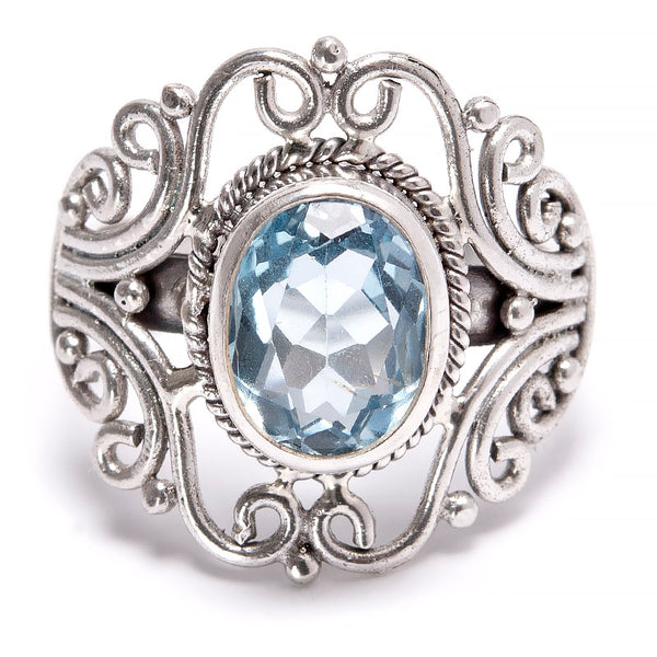 Blue topaz, filigree silver ring