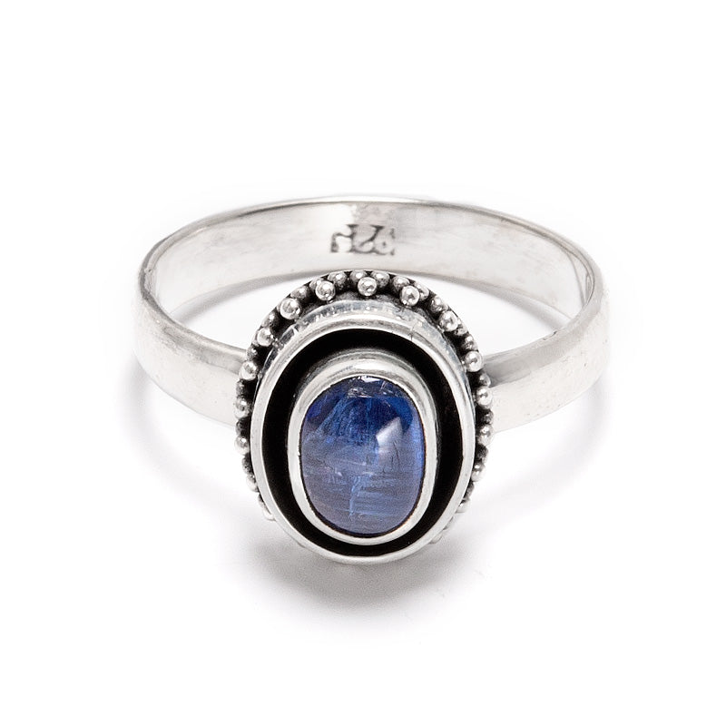 Kyanite, silver ring in double filigree frame