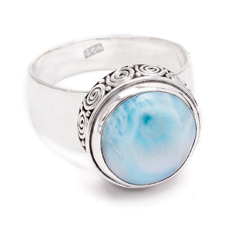 Larimar round silver ring with filigree