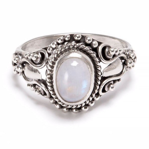 Rainbow moonstone in filigree silver ring size 8