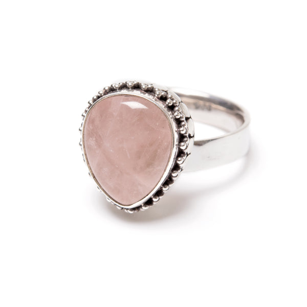 Rose quartz, drop in filigree ring