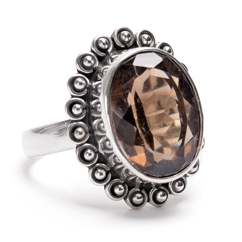 Smoky quartz, silver ring with filigree decoration 7mm