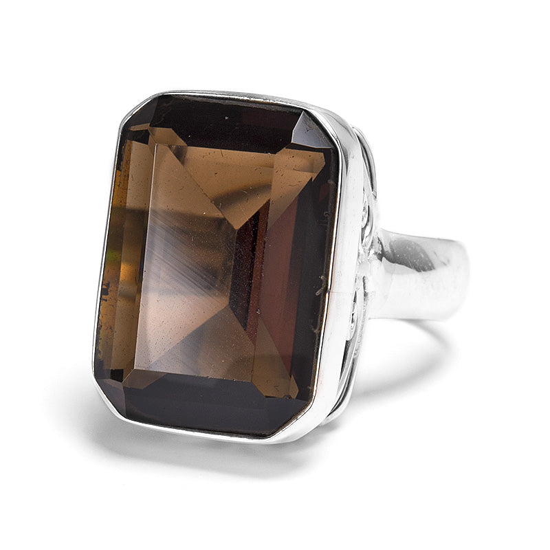 Smoky quartz, square silver ring