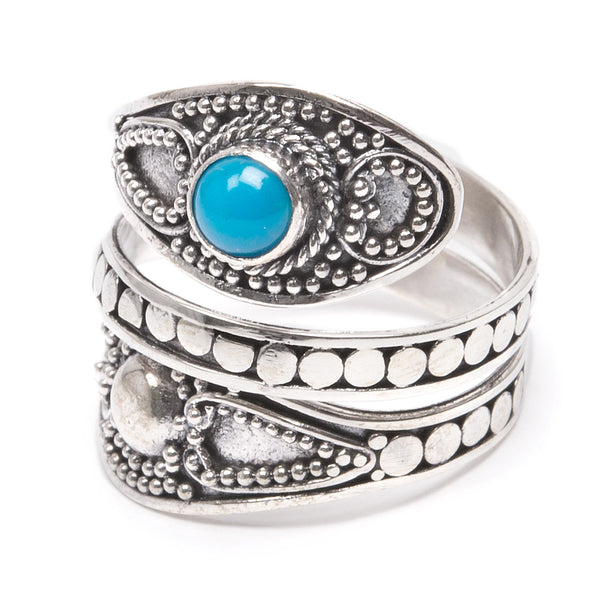 Turquoise, silver ring with filigree decoration